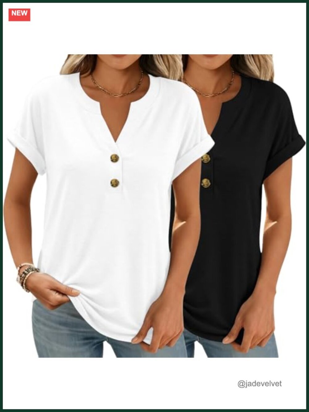 Women's Henley V-Neck Short Sleeve Tee Blouse Casual 2 Pack